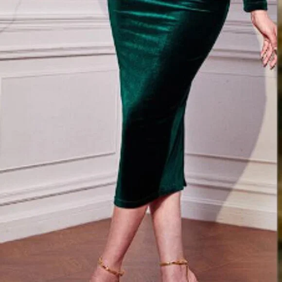 Bodycon Dress With Belt Long Evening Dresses Velvet Ruched Split Back Green - Picture 4 of 5